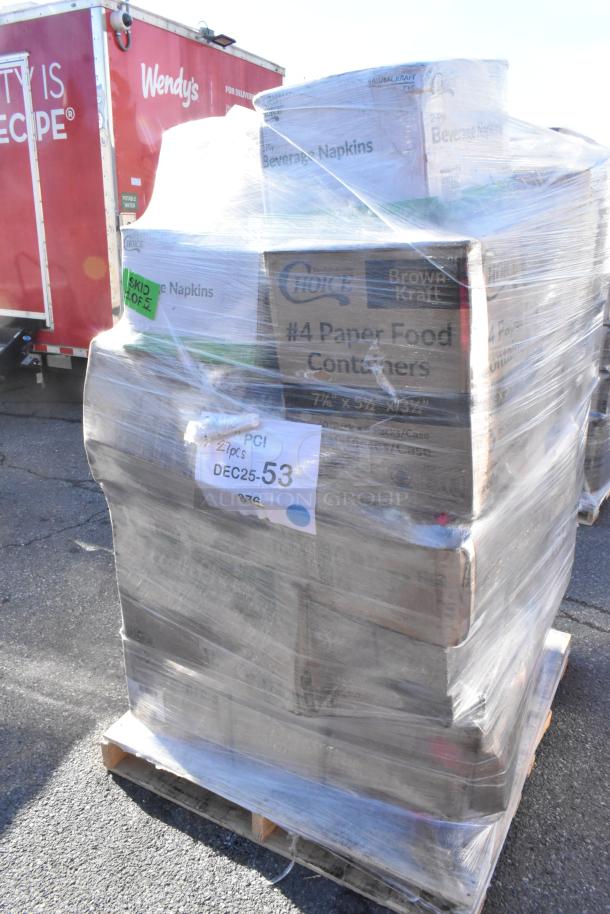 Palette of shrink-wrapped boxes containing 30 new scratch and dent items, including paper food containers and beverage napkins.