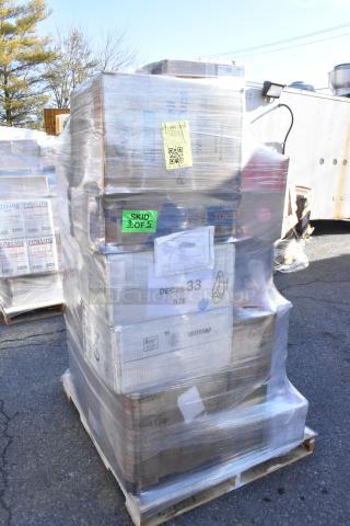 Pallet of wrapped boxes labeled "Skid 3 of 5" containing brand new scratch and dent items, including containers, napkins, lids, and hot cups.