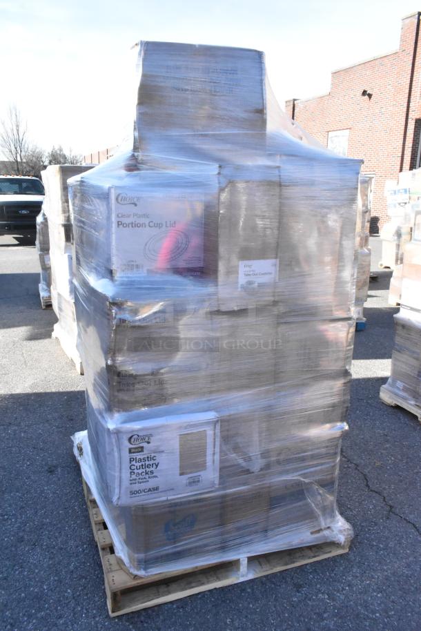 Plastic-wrapped pallet of new items, including "Choice" brand containers, lids, napkins. Possible minor cosmetic flaws.