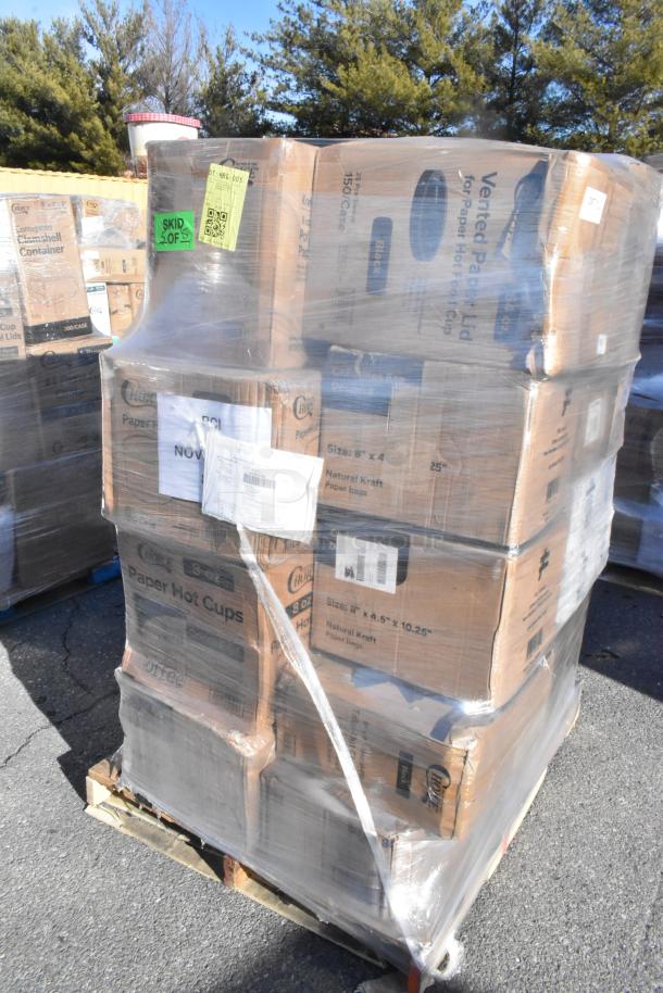 Pallet of 25 brand new scratch and dent items, including paper hot cups and lids, wrapped in plastic and labeled with shipping tags.