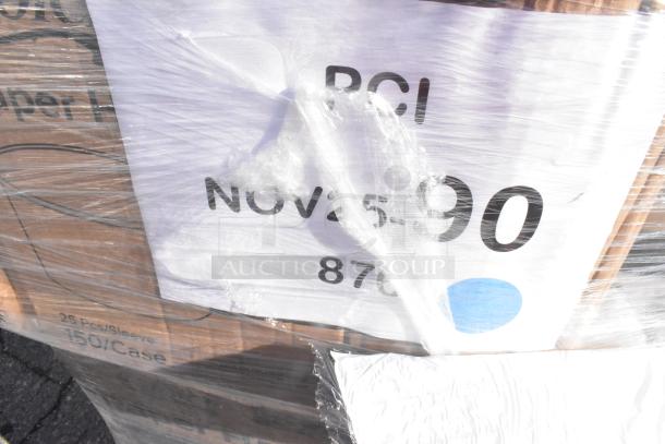 Pallet of 25 brand new scratch and dent items, including hot cups and packaging supplies. Label reads "NOV 25, 90". Wrapped in plastic.