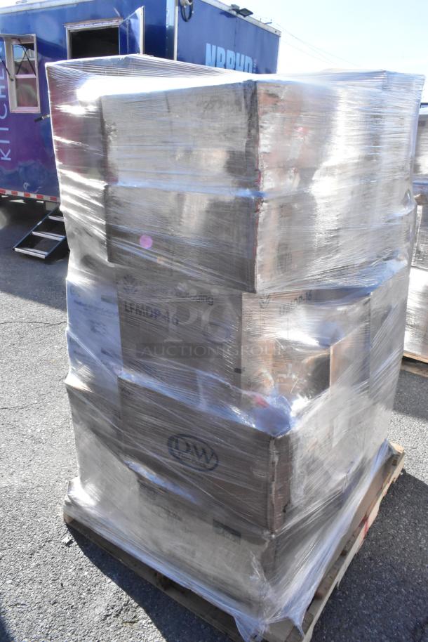 Pallet of 25 new scratch and dent items, shrink-wrapped, including hot cups, vacuum packaging pouches, and food cups.