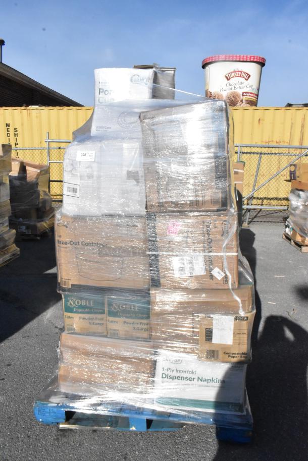 28 brand new scratch and dent items on a pallet, including food cups, trays, table covers, and portion containers. Wrapped and labeled.