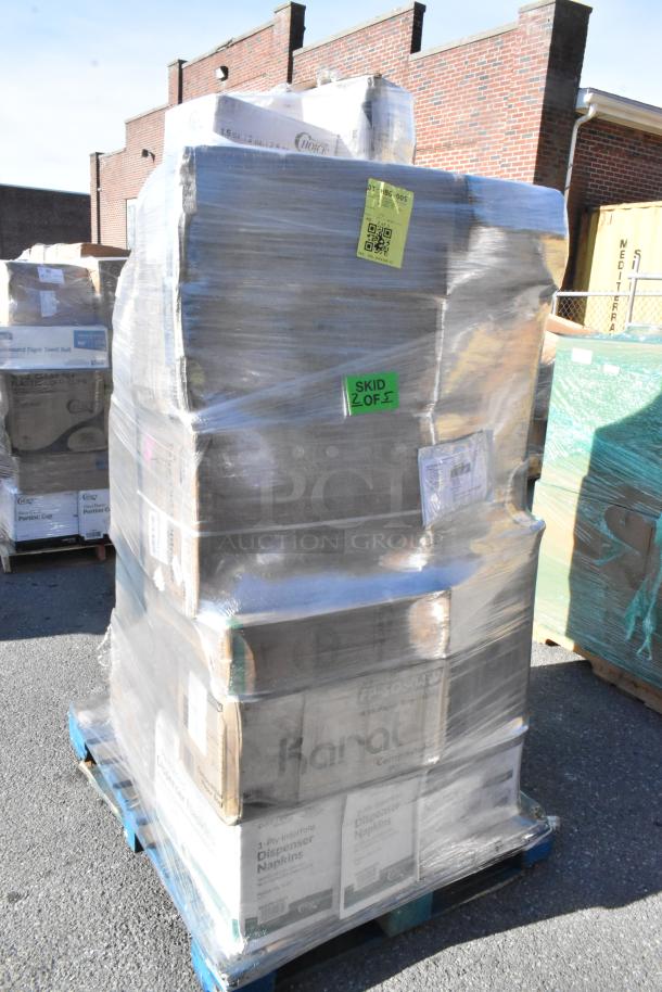 Pallet of 28 brand new scratch and dent items, including food cups, trays, table covers, wrapped in plastic. Labels show "Skid 2 of 5".