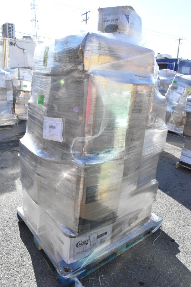 Pallet of 28 brand new scratch and dent items, including food cups, trays, table covers, and containers, wrapped in plastic.