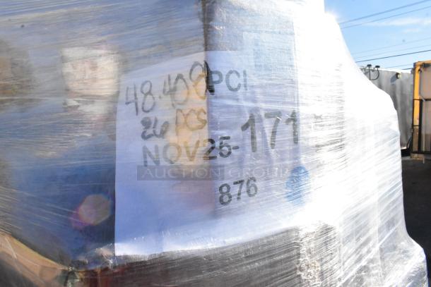 Plastic-wrapped pallet labeled "48.40 PCI, 28 PCS, NOV 25 - 171" containing new scratch and dent items like food cups and trays.
