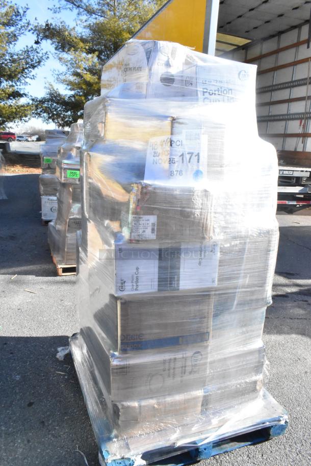 Pallet of 28 brand new items including food cups, trays, table covers, and containers, shrink-wrapped for auction.