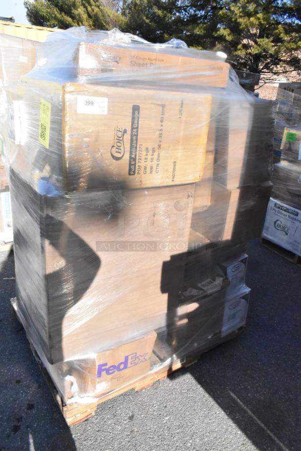 Pallet of 42 brand new scratch and dent kitchen items, including plates, bowl sets, glasses, and cutting boards, wrapped in plastic.