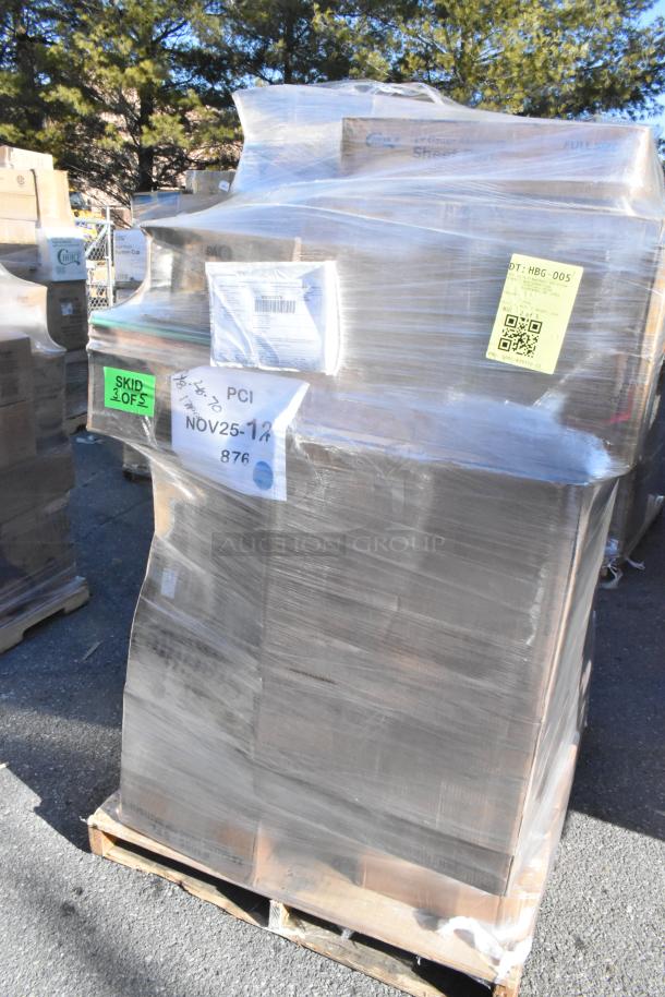 Pallet of 42 brand new scratch-and-dent items, including plates, bowl sets, and cutting boards, shrink-wrapped with labels.