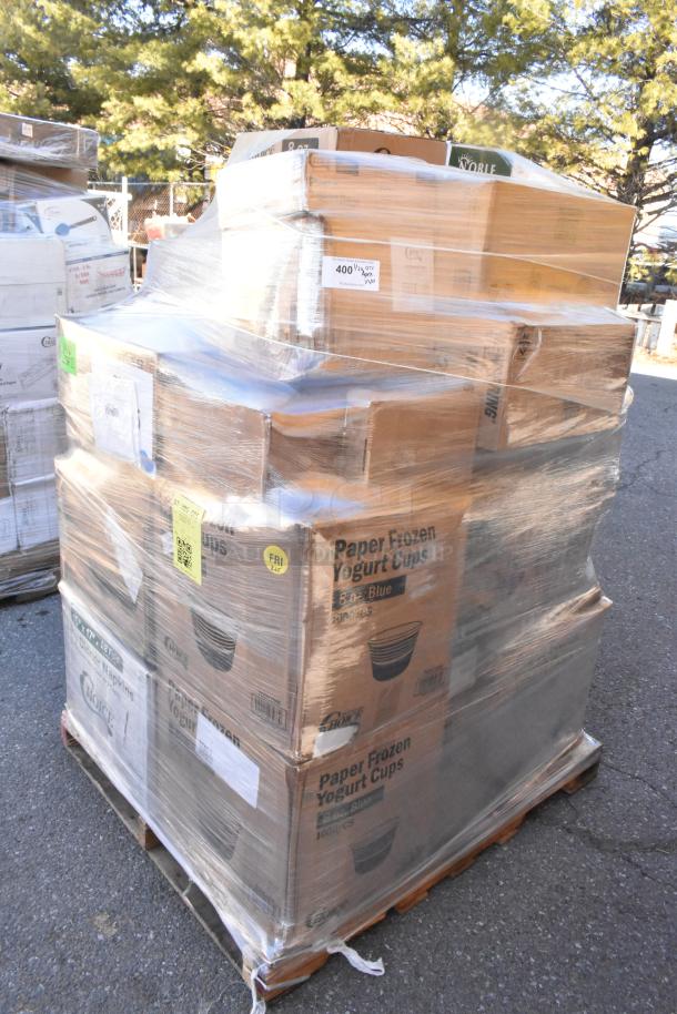 Pallet with various boxed items wrapped in plastic, marked "Paper Frozen Yogurt Cups." Includes lids, bags, T-shirt bags.