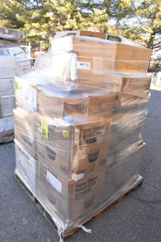 Pallet with various boxed items wrapped in plastic, marked "Paper Frozen Yogurt Cups." Includes lids, bags, T-shirt bags.