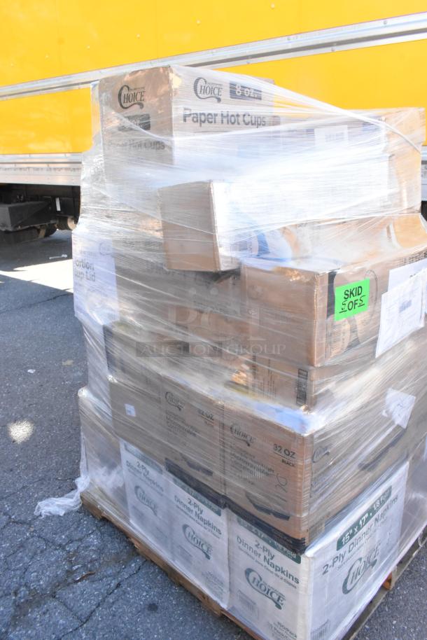 Pallet of brand new Choice items: paper hot cups, lids, containers, wrapped in plastic. Marked "SKID 1 OF 5".