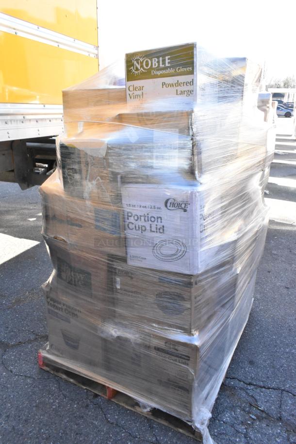 Pallet of assorted scratch and dent items, including Noble gloves, Choice portion cup lids, shrink-wrapped for auction.