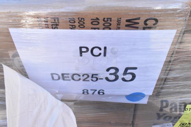 40 brand new scratch and dent items wrapped in plastic; includes lids, bags, and containers. Labels PCI DEC25-35, 876 visible.