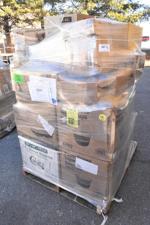 Pallet of 40 assorted new items including lids, containers, and t-shirt bags. Some boxes marked "Choice" and labeled "Skid 1 of 5."