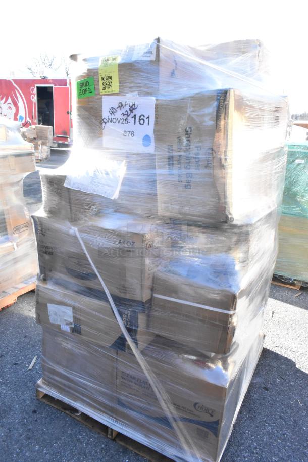 Pallet of 31 brand new scratch and dent items, including lids, cups, carrier, and trash bags. Wrapped, labeled for auction.