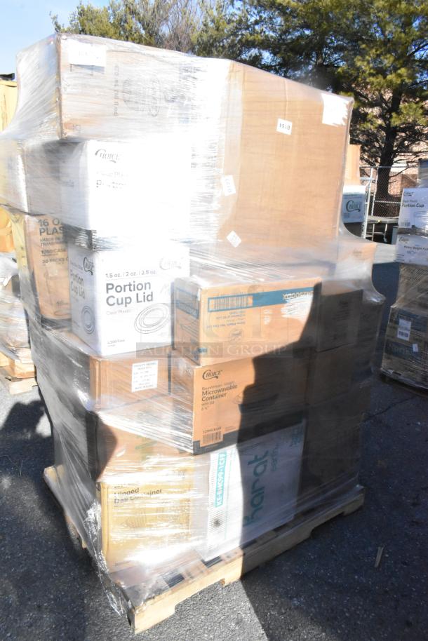 Pallet with 31 new scratch and dent items, including cup lids, cups, carrier, and trash bags. Boxes labeled and shrink-wrapped.