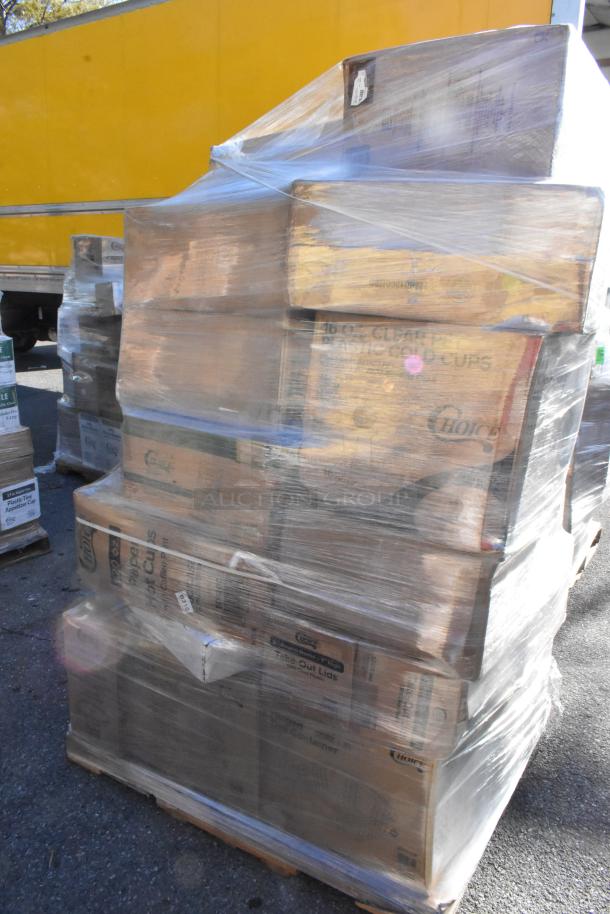 31 brand new scratch and dent items on a pallet, including lids, cups, a cup carrier, and trash bags, wrapped in plastic.