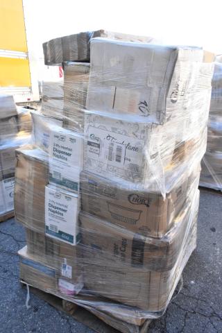 Pallet of 46 boxed items, scratch and dent, including One Up 2-ply interfold napkins and Choice brand products, shrink-wrapped.