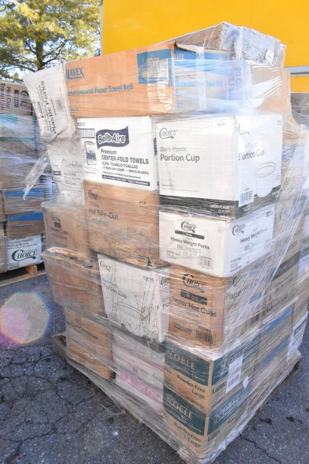 Pallet with boxed items: gloves, napkins. Brands include Noble, Choice, Bell Aire. New scratch and dent products.
