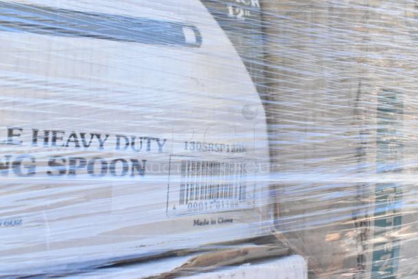 46 new scratch and dent items wrapped in plastic. Labels indicate heavy-duty spoons. Items made in China.