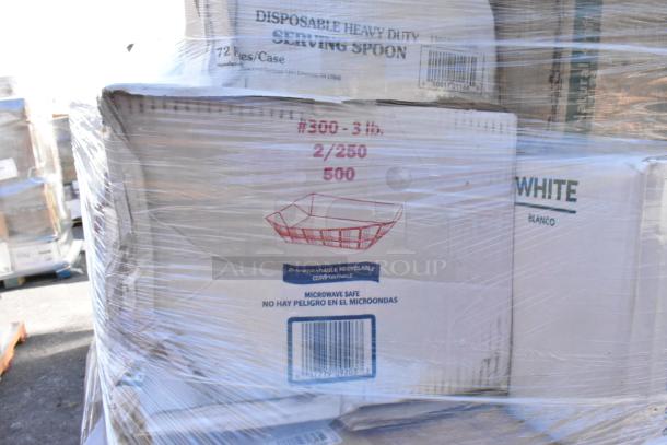 Pallet with multiple boxes of disposable items, labeled scratch and dent. Includes gloves and napkins. Microwave safe, 3 lb capacity.