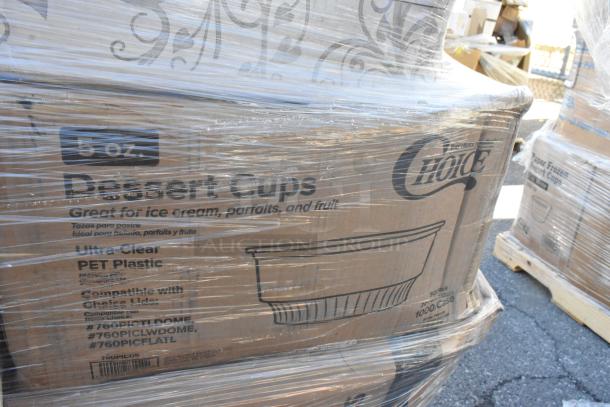 Boxes of Choice 5 oz dessert cups in shrink wrap, featuring PET plastic, compatible with dome, flat lids. New scratch and dent condition.