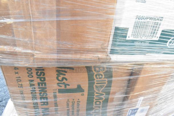 Palette of 46 brand new but scratch and dent items, including Bell Mar napkins, wrapped in plastic. Made in USA.