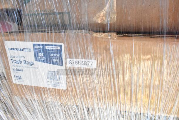 Box of Hercules Bag low density trash bags, 55 gallon, 38"x58", 2 mil, wrapped in plastic with tag showing number 87666877.