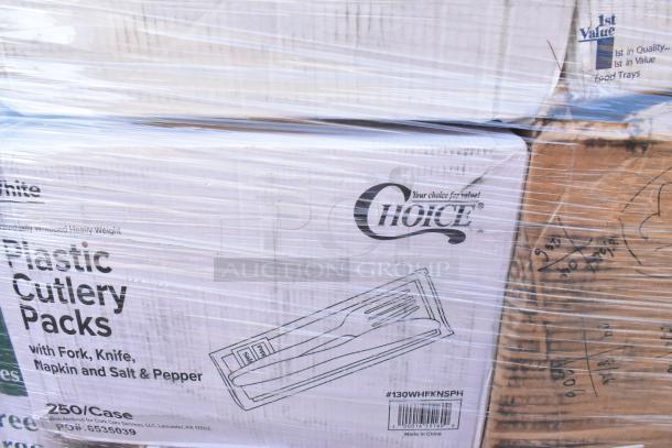 Boxes of Choice plastic cutlery packs wrapped in plastic, labeled as containing forks, knives, napkins, salt, and pepper.