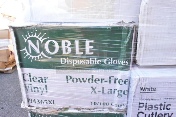 Boxes of Noble Disposable Gloves, marked as clear vinyl, powder-free, X-large, 10/100 count, scratch and dent condition.