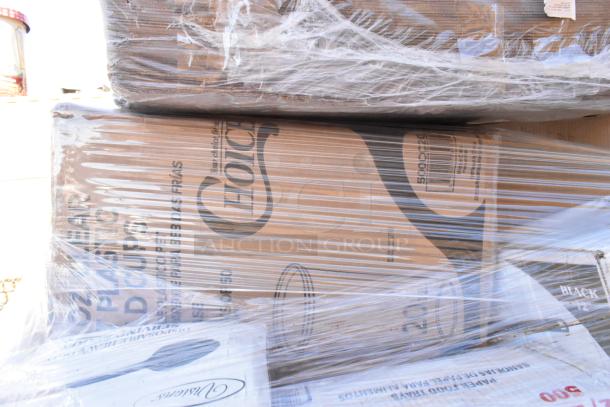 Pallet of assorted scratch and dent items wrapped in plastic, including boxes labeled “Choice” and “Plastic Cups.”