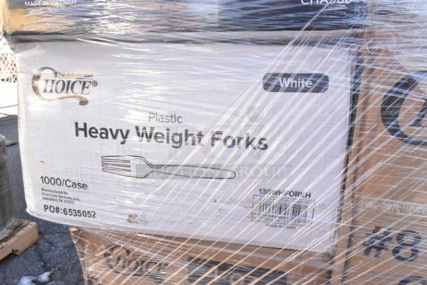 46 boxes of Choice heavy weight plastic forks, 1000 per case, wrapped package, minor scratches, labeled "White."