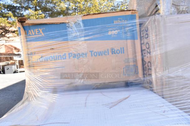 Box of Avex hardwound paper towel rolls wrapped in plastic, indicating brand and item details.