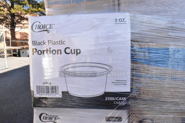 Box of Choice Black Plastic Portion Cups, 2 oz, 2500 per case. Labeled for Clark Core Services, Lancaster, PA.
