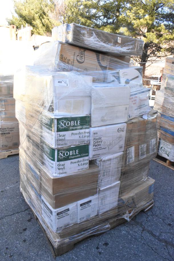 Pallet of 46 brand new scratch and dent items, including Noble gloves and plastic cutlery, shrink-wrapped for auction.