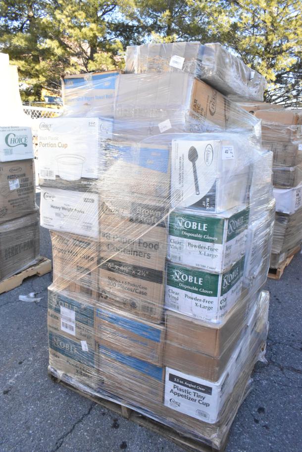 Pallet of 46 boxes containing scratch and dent items like Noble gloves, Choice napkins, and food containers, wrapped in plastic.