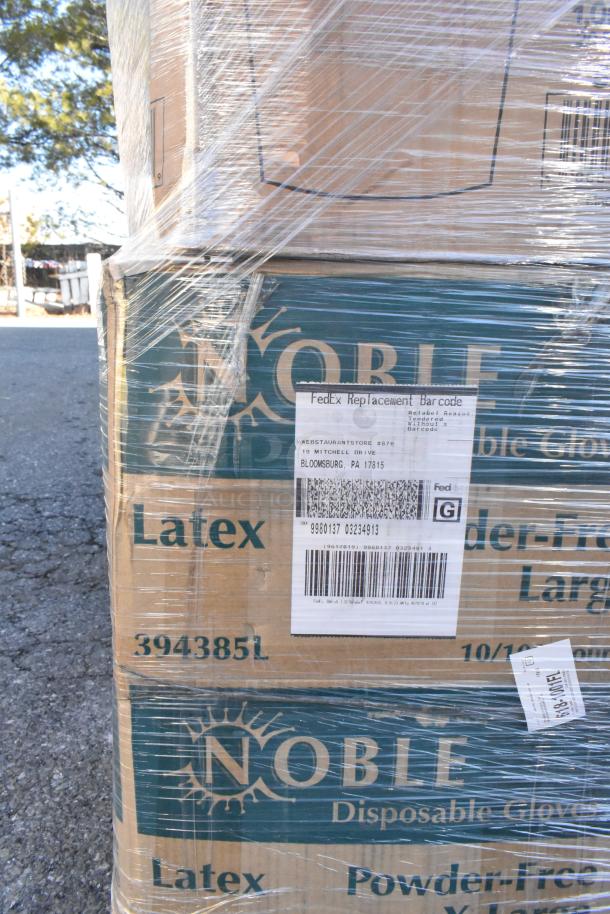 Stacked boxes of Noble disposable gloves, large size, latex, powder-free, shrink-wrapped, with FedEx replacement barcode label.