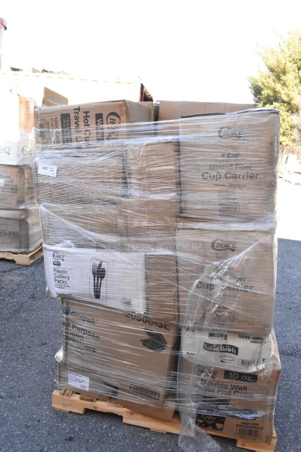 Pallet of 33 new scratch and dent items, including cutlery packs, lids, salad bowls; visible brand labels indicate Choce and Pactiv.