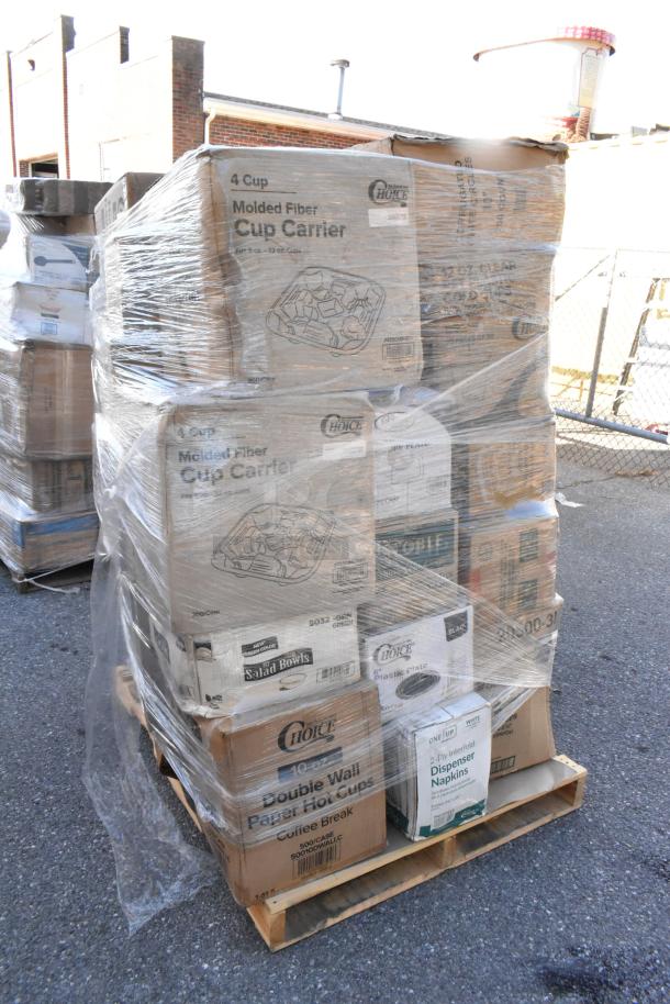 Pallet with 33 boxes of new scratch and dent items: cup carriers, salad bowls, cutlery packs, towels. Brands visible: Choice.