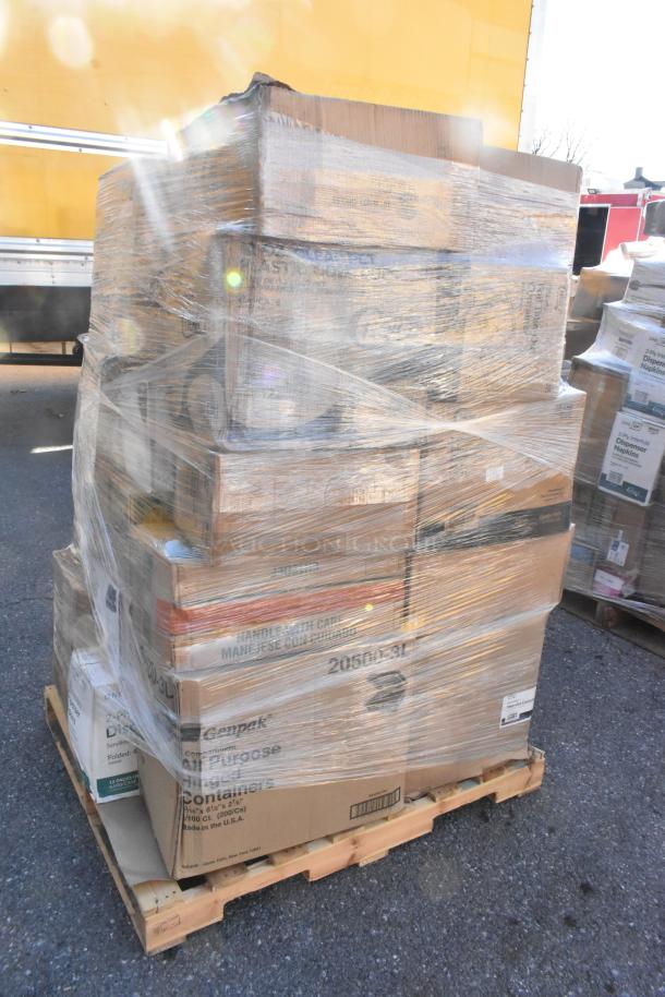 Pallet with 33 brand new scratch and dent items, including lids, salad bowls, cutlery packs, and towels, wrapped in plastic.