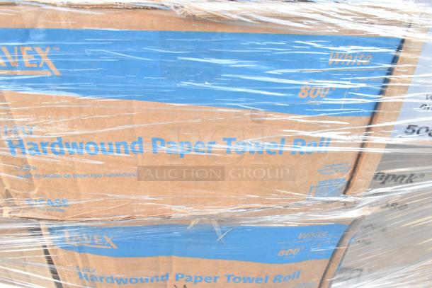 Boxes of Lavex 1-ply hardwound paper towel rolls, 800ft each, wrapped in plastic.