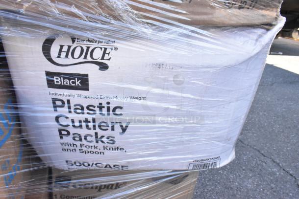 Plastic cutlery packs labeled "Choice" black, individually wrapped, extra heavy weight, sealed in plastic wrap.