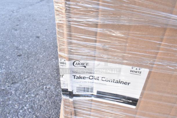 33 new scratch and dent items wrapped in plastic, featuring Choice mineral-filled take-out containers, 9x9 inch, white, 150 per case.