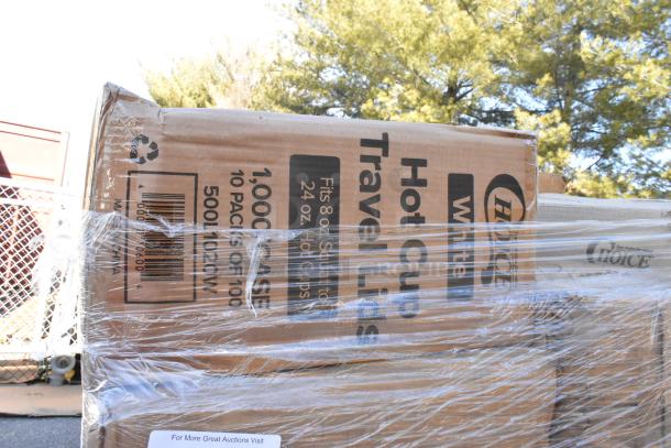 Cardboard boxes labeled "White Hot Cup Travel Lids" wrapped in plastic, indicating bulk packaging.