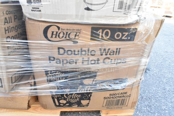 Box of Choice 10 oz double wall paper hot cups, wrapped in plastic. Labeled 500/case, 50010DWALLC, made in China.
