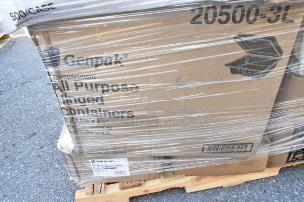 Pallet of Genpak all-purpose hinged containers wrapped in plastic, box states "500 per case," new condition, labeled for PointPlus program.