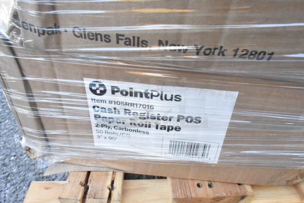 Brown cardboard box labeled "PointPlus" containing cash register POS paper roll tape, 2-ply, 50 rolls, item #105RR17016.