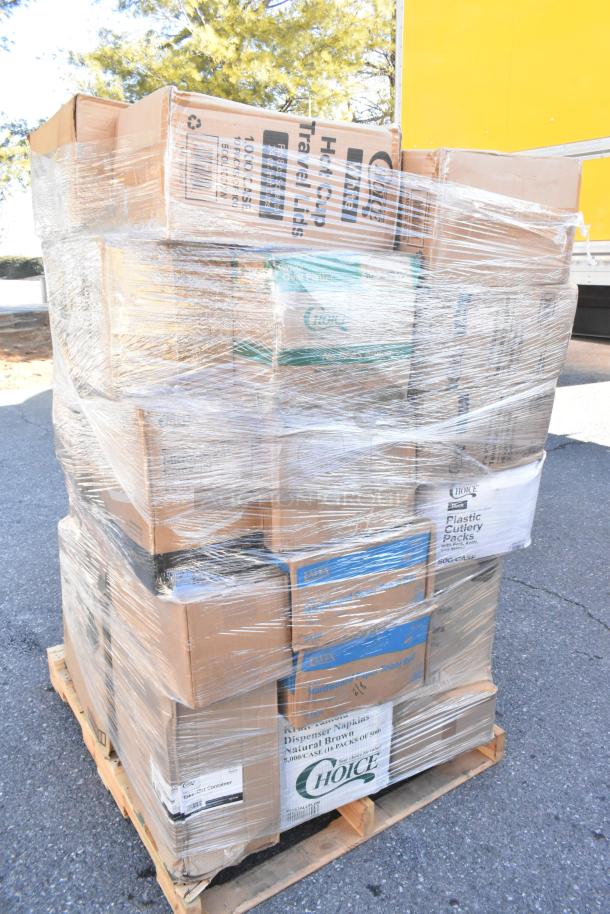 Pallet of 33 scratch-and-dent items, boxed, including lids, salad bowls, cutlery packs, towels; labels indicate contents.