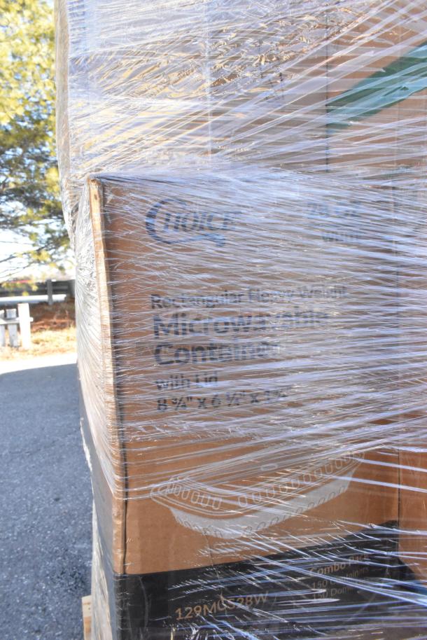 Pallet of wrapped boxes labeled "Choice" microwaveable containers with lids, new scratch and dent items.